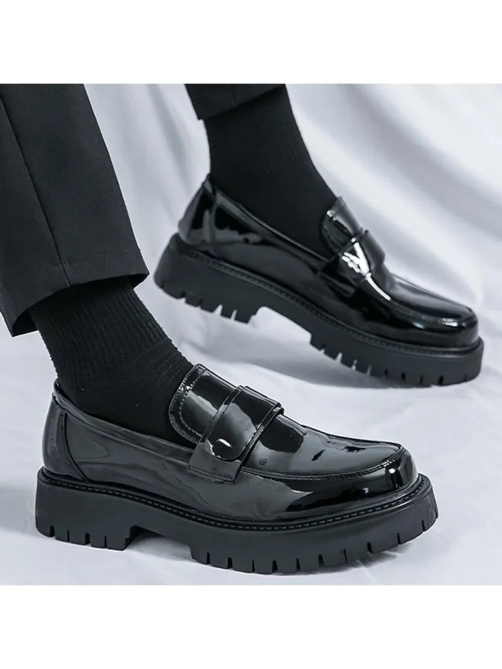 Men's White Black Chunky Platform Loafer Slip On Business Casual Dress Shoes